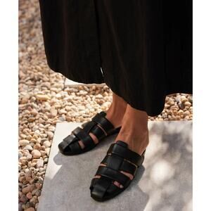 Jenni Kayne Black Camilla Fisherman Leather Strap Slide Mules Sandals Size 40